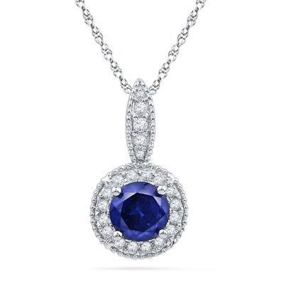 10kt White Gold Womens Round Lab-Created Blue Sapphire Solitaire Diamond Pendant 1/6 Cttw