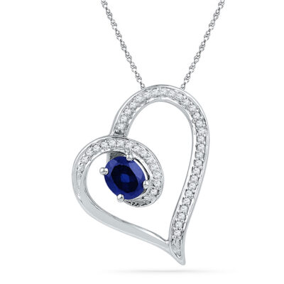 10kt White Gold Womens Oval Lab-Created Blue Sapphire Heart Outline Pendant 3/4 Cttw