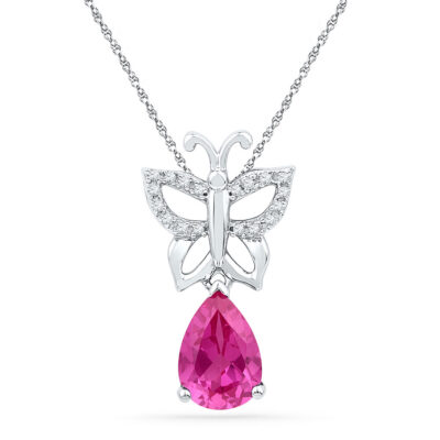 10kt White Gold Womens Pear Lab-Created Pink Sapphire Butterfly Bug Pendant 2-3/4 Cttw