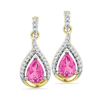 10kt Yellow Gold Womens Lab-Created Pink Sapphire Dangle Earrings 3-1/5 Cttw