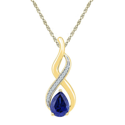 10kt Yellow Gold Womens Pear Lab-Created Blue Sapphire Solitaire Diamond Pendant 1-4/5 Cttw