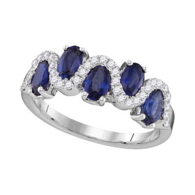 18kt White Gold Womens Oval Blue Sapphire Diamond Band Ring 1-7/8 Cttw