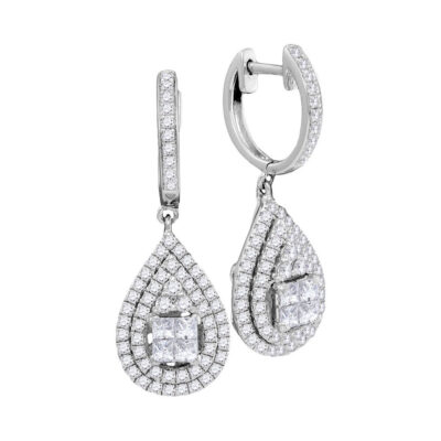14kt White Gold Womens Princess Round Diamond Teardrop Frame Cluster Earrings 1 Cttw