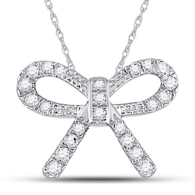 10kt White Gold Womens Round Diamond Knot Bow Pendant Necklace 1/10 Cttw