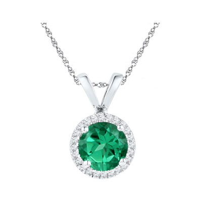 10k White Gold Womens Lab-Created Emerald Solitaire & Diamond Halo Pendant 7/8 Cttw