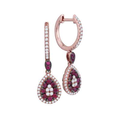 18kt Rose Gold Womens Round Ruby Diamond Teardrop Dangle Earrings 7/8 Cttw