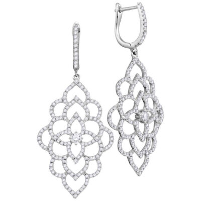 18kt White Gold Womens Round Diamond Petals Cocktail Dangle Earrings 1-3/8 Cttw
