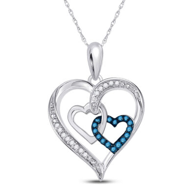 Sterling Silver Womens Round Blue Color Enhanced Diamond Heart Pendant 1/10 Cttw