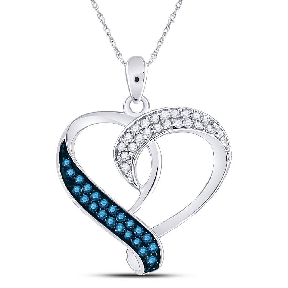 Sterling Silver Womens Round Blue Color Enhanced Diamond Heart Pendant 1/5 Cttw