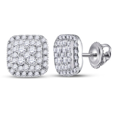 14kt White Gold Womens Round Diamond Square Earrings 1/2 Cttw