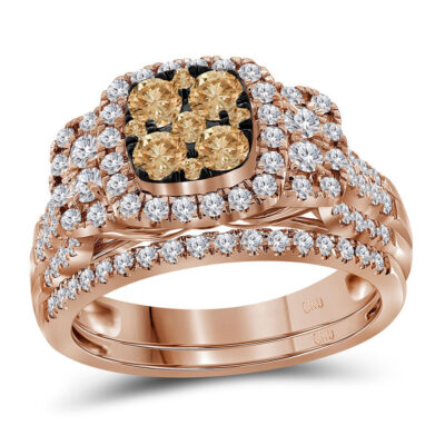 14kt Rose Gold Womens Round Brown Diamond Cluster Bridal Wedding Ring Band Set 1 Cttw