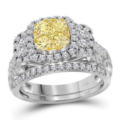 14kt White Gold Womens Round Yellow Diamond Cluster Bridal Wedding Ring Band Set 1 Cttw