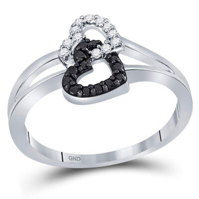 Sterling Silver Womens Round Black Color Enhanced Diamond Double Heart Ring 1/6 Cttw - Size 5