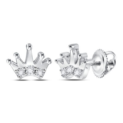 Sterling Silver Womens Round Diamond Crown Fashion Earrings 1/20 Cttw