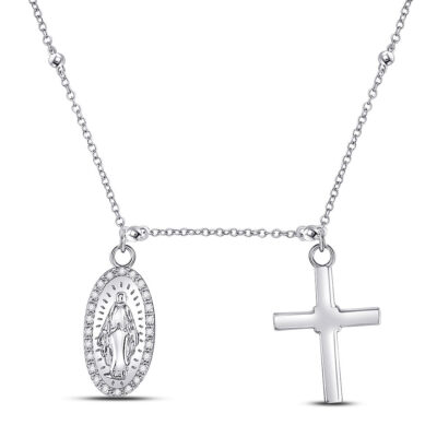Sterling Silver Womens Round Diamond Guadalupe Cross Charm Necklace 1/10 Cttw