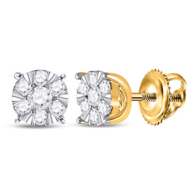 14kt Yellow Gold Womens Round Diamond Flower Cluster Earrings 1/4 Cttw