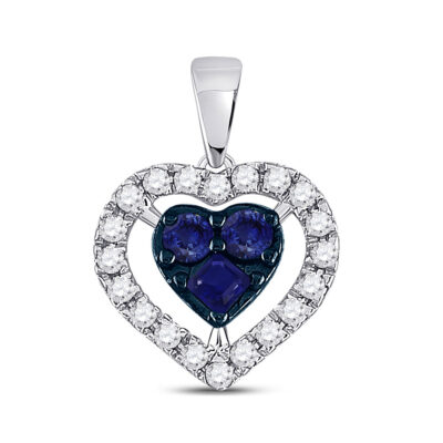 10kt White Gold Womens Round Blue Sapphire Diamond Heart Pendant 1/2 Cttw