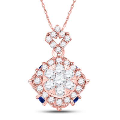 14kt Rose Gold Womens Round Diamond Blue Sapphire Cluster Pendant 5/8 Cttw