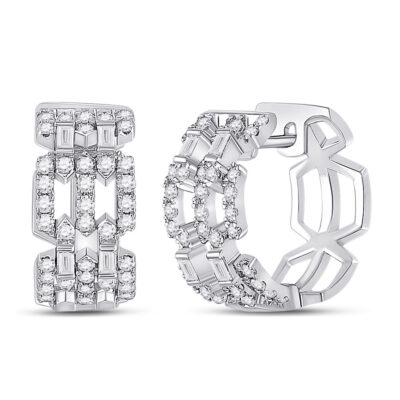 14kt White Gold Womens Baguette Diamond Link Huggie Earrings 3/4 Cttw