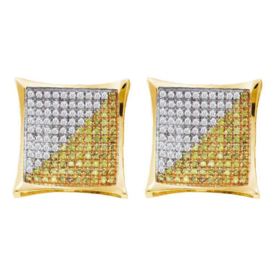 10kt Yellow Gold Mens Round Color Enhanced Diamond Square Kite Cluster Earrings 1/6 Cttw