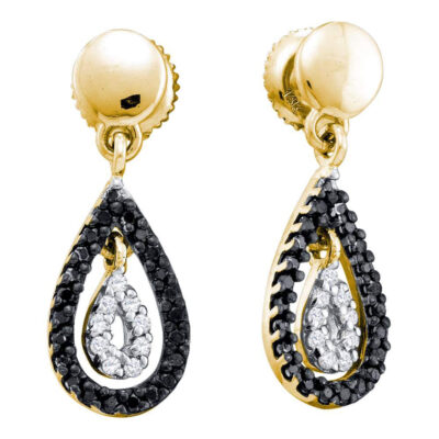 14kt Yellow Gold Womens Round Black Color Enhanced Diamond Teardrop Dangle Earrings 1/3 Cttw