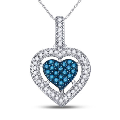 10kt White Gold Womens Round Blue Color Enhanced Diamond Framed Heart Pendant 1/5 Cttw