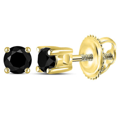 Yellow-tone Sterling Silver Unisex Round Black Color Enhanced Diamond Stud Earrings 1/4 Cttw