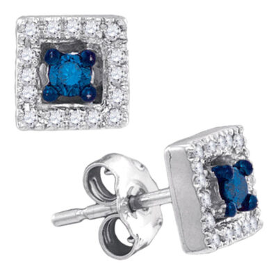 10kt White Gold Womens Round Blue Color Enhanced Diamond Square Earrings 1/5 Cttw