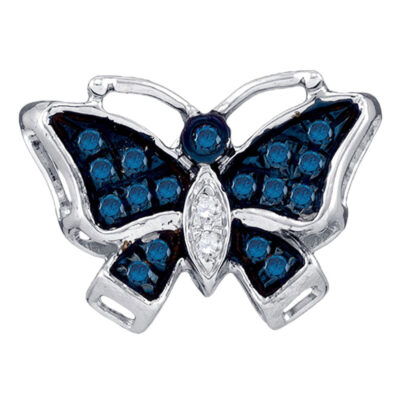 10kt White Gold Womens Round Blue Color Enhanced Diamond Butterfly Bug Pendant 1/20 Cttw