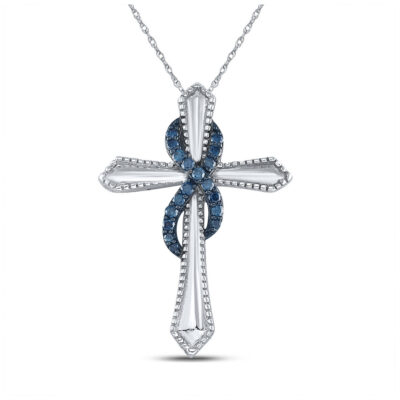 Sterling Silver Womens Round Blue Color Enhanced Diamond Cross Pendant 1/4 Cttw