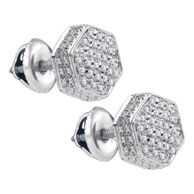 Sterling Silver Mens Round Diamond Hexagon Stud Earrings 1/6 Cttw