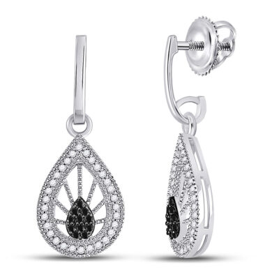 10kt White Gold Womens Round Black Color Enhanced Diamond Teardrop Dangle Earrings 1/4 Cttw