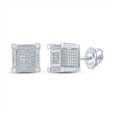 Sterling Silver Mens Round Diamond Square Earrings 1/10 Cttw