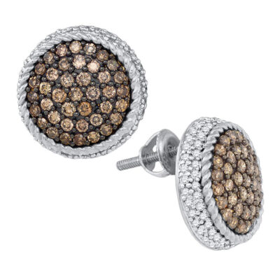 10kt White Gold Womens Round Brown Diamond Roped Cluster Earrings 1-1/3 Cttw