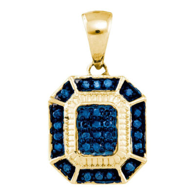 10kt Yellow Gold Womens Round Blue Color Enhanced Diamond Rectangle Cluster Pendant 1/6 Cttw