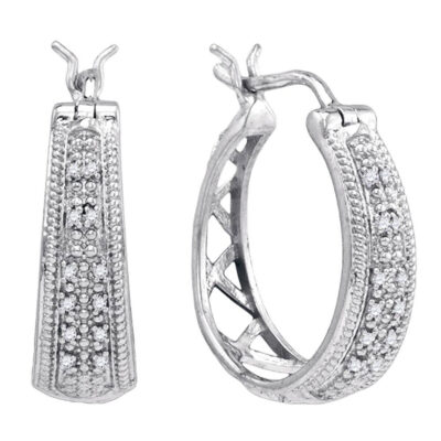 Sterling Silver Womens Round Diamond Hoop Earrings 1/10 Cttw