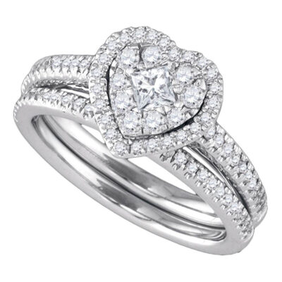 14k White Gold Round Princess Diamond Heart-Shape Halo Wedding Bridal Ring Set 3/4 Cttw