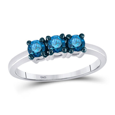 10kt White Gold Round Blue Color Enhanced Diamond 3-stone Bridal Wedding Ring 1/2 Cttw
