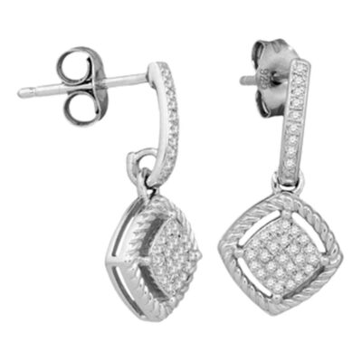 10kt White Gold Womens Round Diamond Rope Square Dangle Earrings 1/6 Cttw