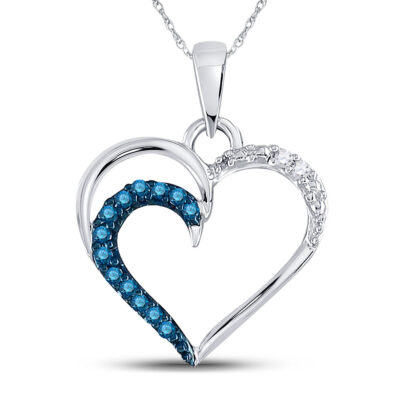 10kt White Gold Womens Round Blue Color Enhanced Diamond Heart Outline Pendant 1/10 Cttw