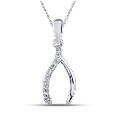Sterling Silver Womens Round Diamond Lucky Wishbone Pendant 1/20 Cttw