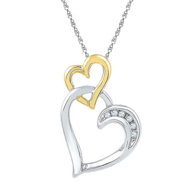 Two-tone Sterling Silver Womens Round Diamond Double Heart Pendant .03 Cttw
