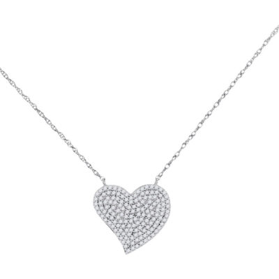 10kt White Gold Womens Round Diamond Heart Necklace 1/3 Cttw